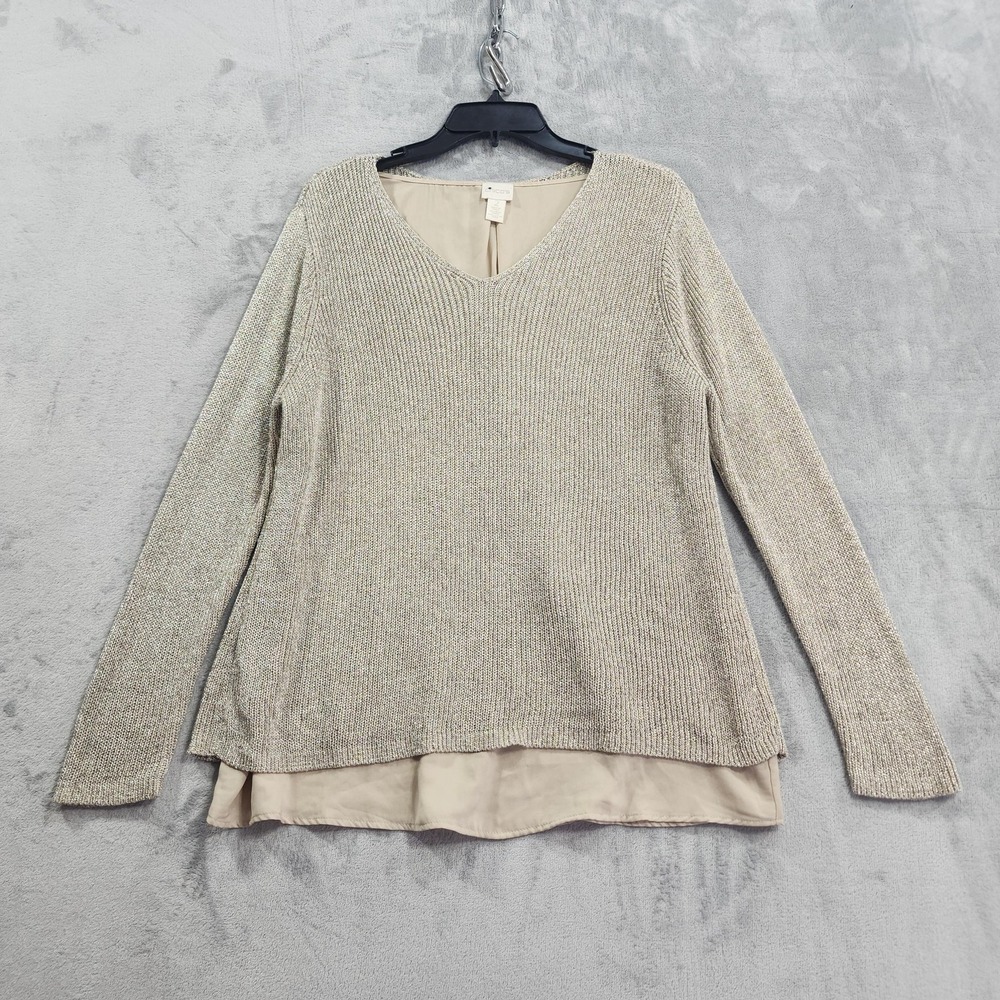 Chico's Sweater Women 2 L/12 Tan Gold Metallic V-Neck Layered Hem Lined Pullover
